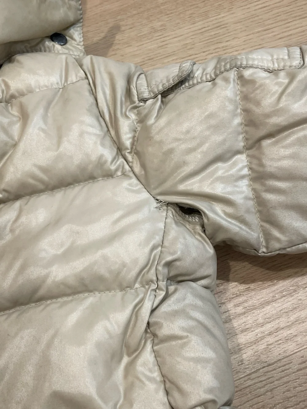 Moncler Kids Cream Quilted Hooded Puffer Coat with Black Trim